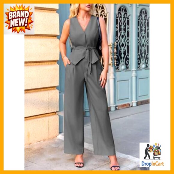 V-Neck Sleeveless Blazer Vest Pleated Wide Leg Pantsuit Set Business Casual - Picture 4 of 7